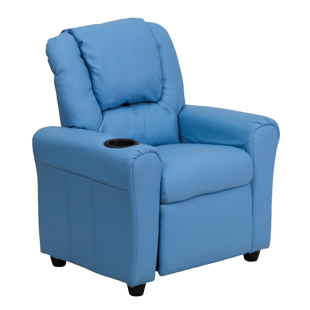 Contemporary Light Blue Vinyl Kids Recliner with Cup Holder and Headrest. Picture 1