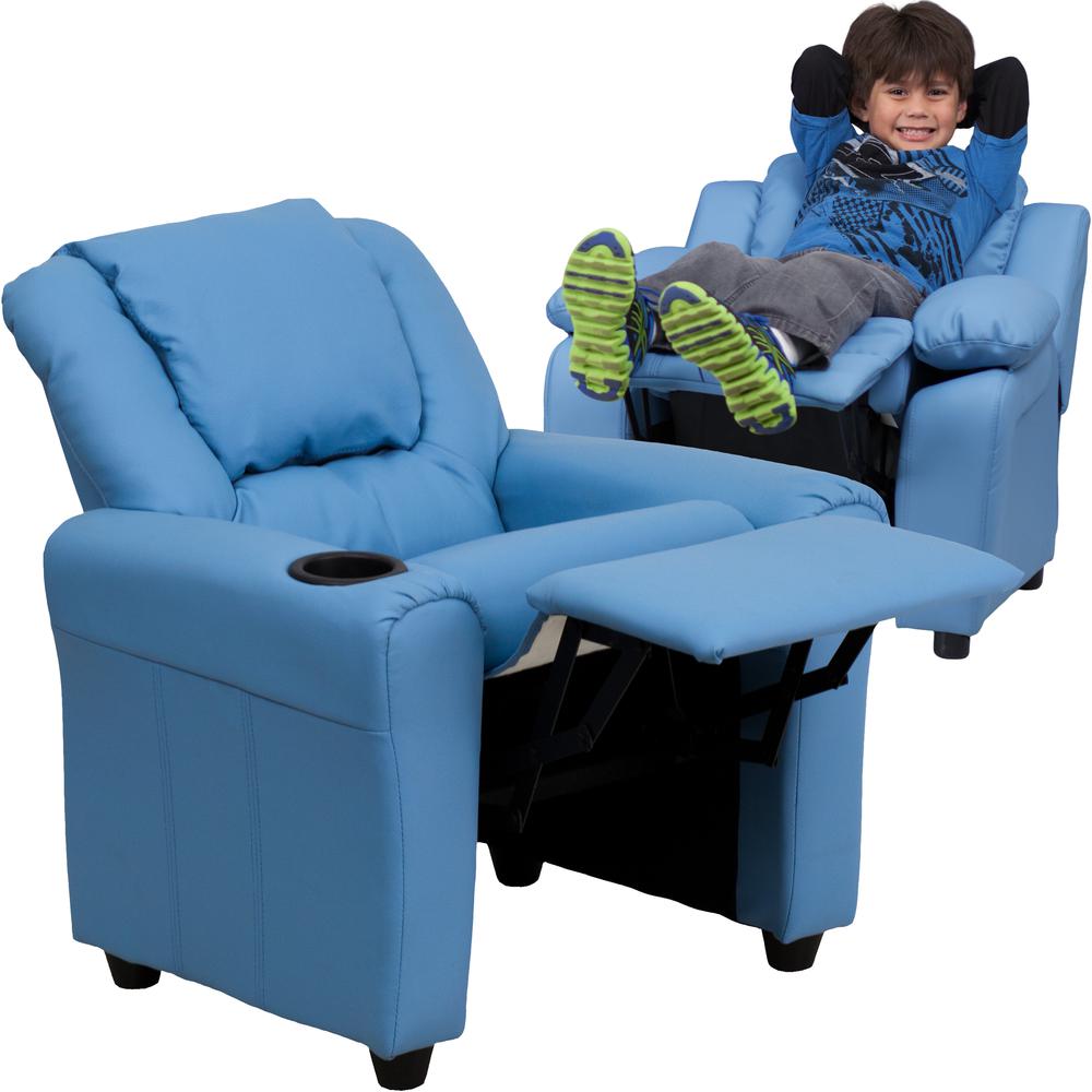 Contemporary Light Blue Vinyl Kids Recliner with Cup Holder and Headrest. Picture 5