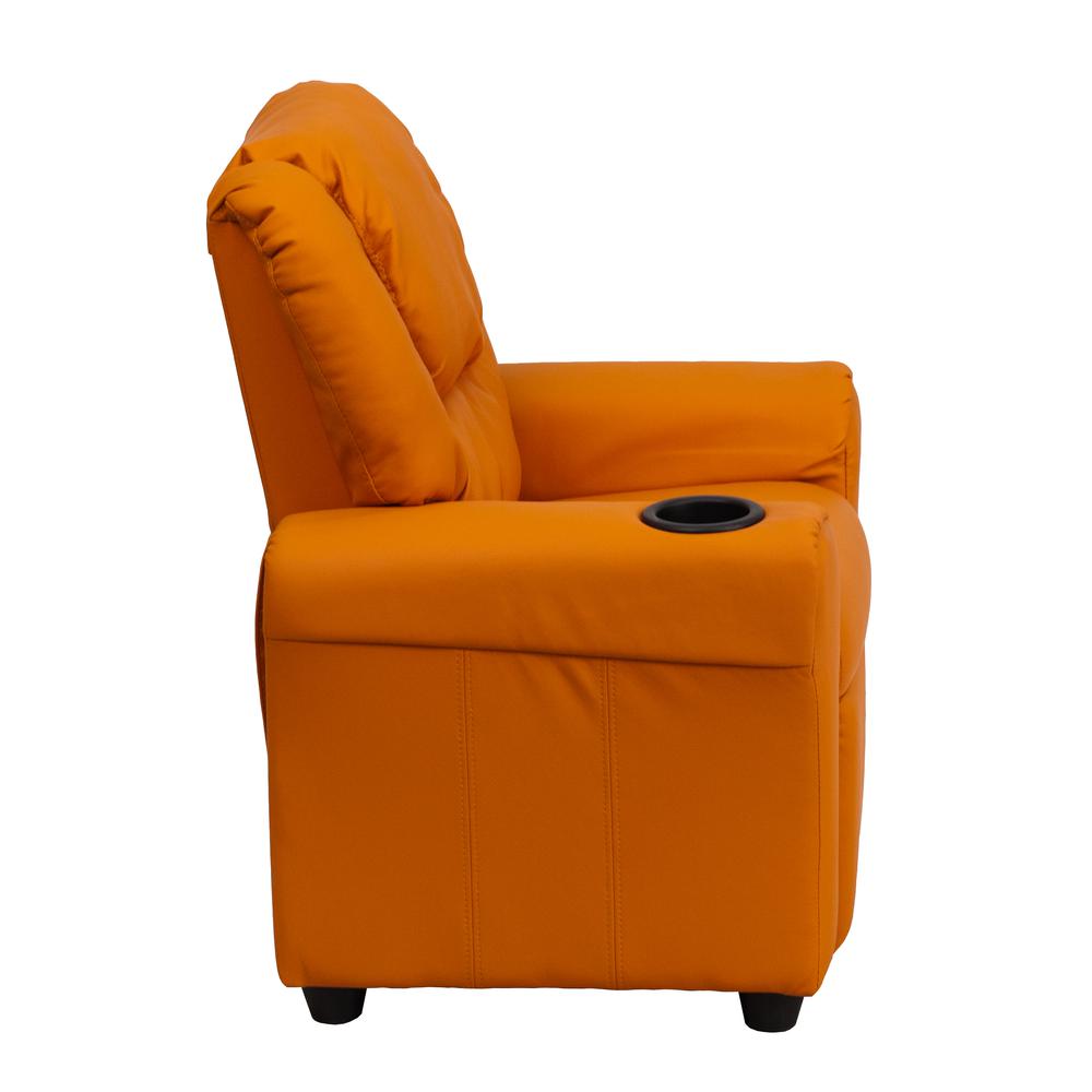 Contemporary Orange Vinyl Kids Recliner with Cup Holder and Headrest. Picture 2