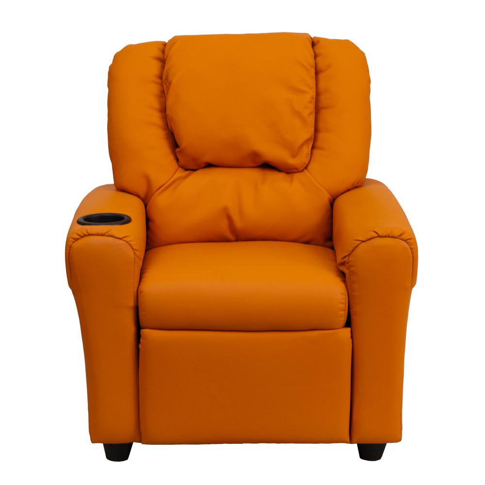 Contemporary Orange Vinyl Kids Recliner with Cup Holder and Headrest. Picture 4