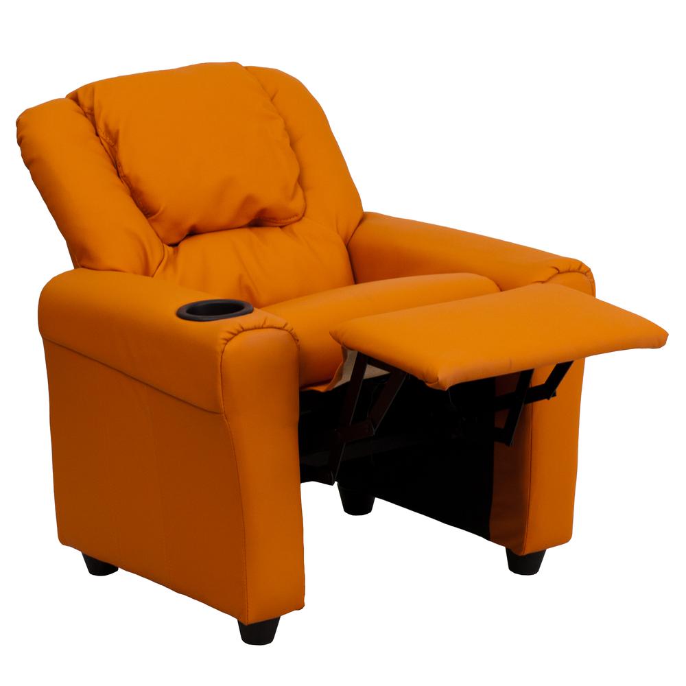 Contemporary Orange Vinyl Kids Recliner with Cup Holder and Headrest. Picture 5