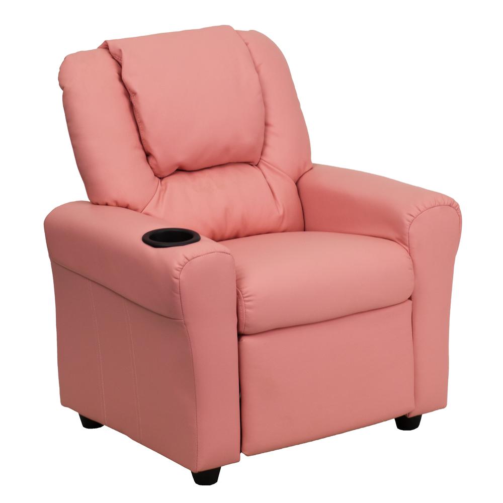 Contemporary Pink Vinyl Kids Recliner with Cup Holder and Headrest. Picture 1
