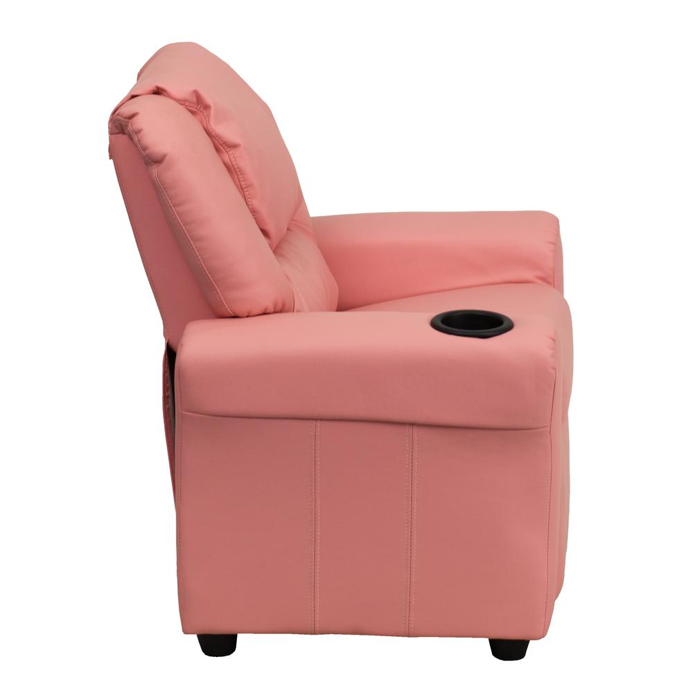 Contemporary Pink Vinyl Kids Recliner with Cup Holder and Headrest. Picture 3