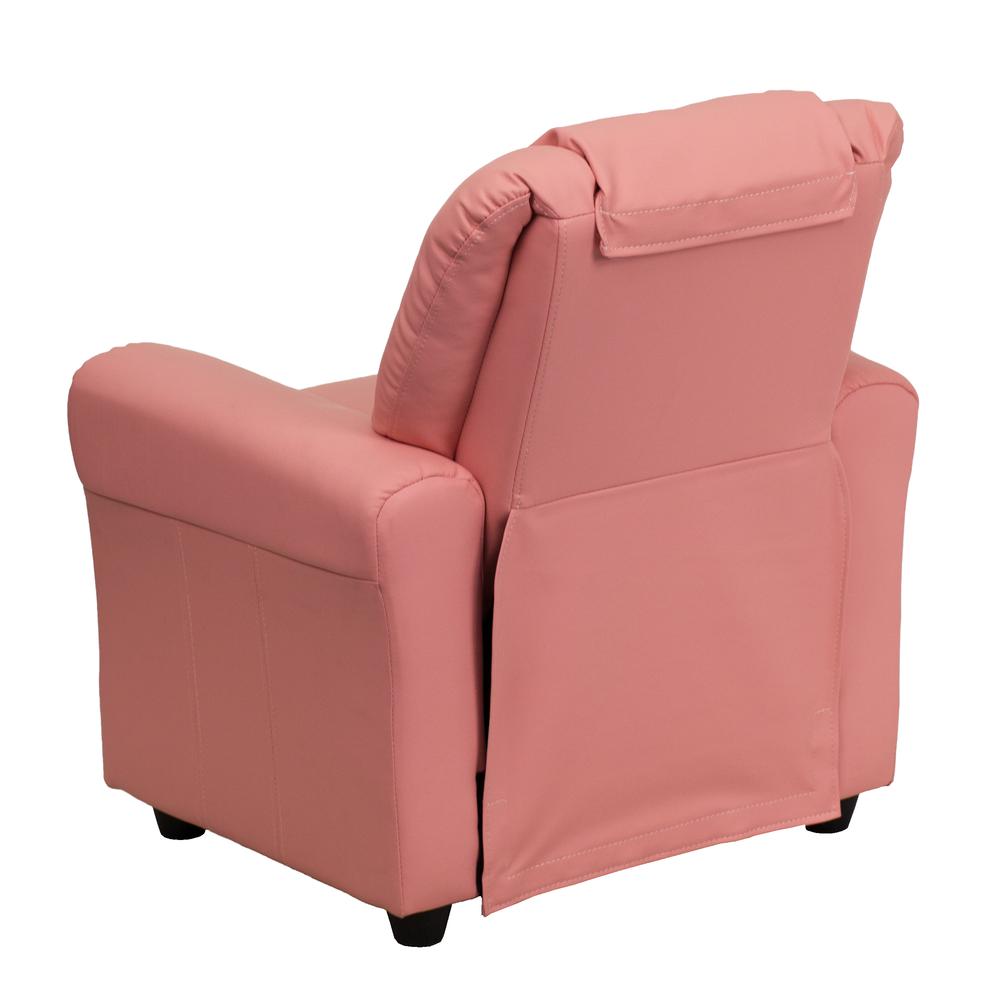 Contemporary Pink Vinyl Kids Recliner with Cup Holder and Headrest. Picture 4