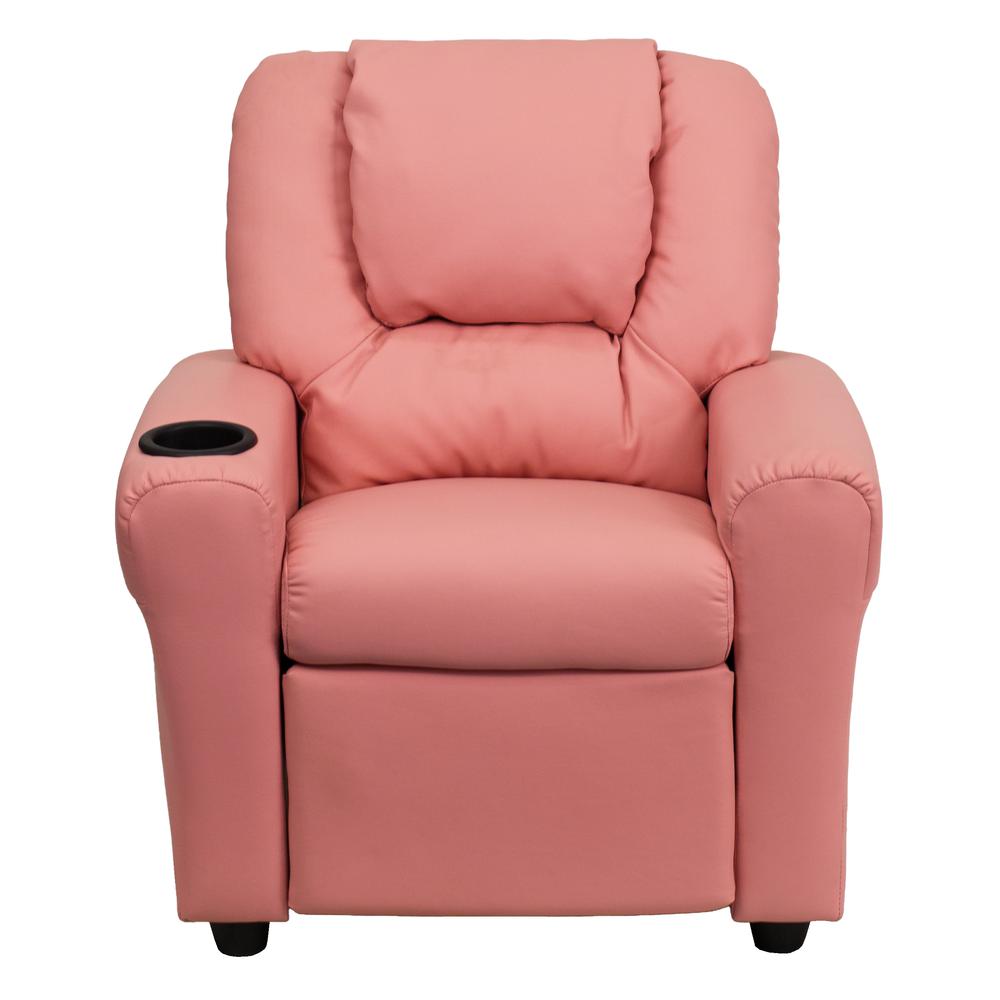 Contemporary Pink Vinyl Kids Recliner with Cup Holder and Headrest. Picture 5