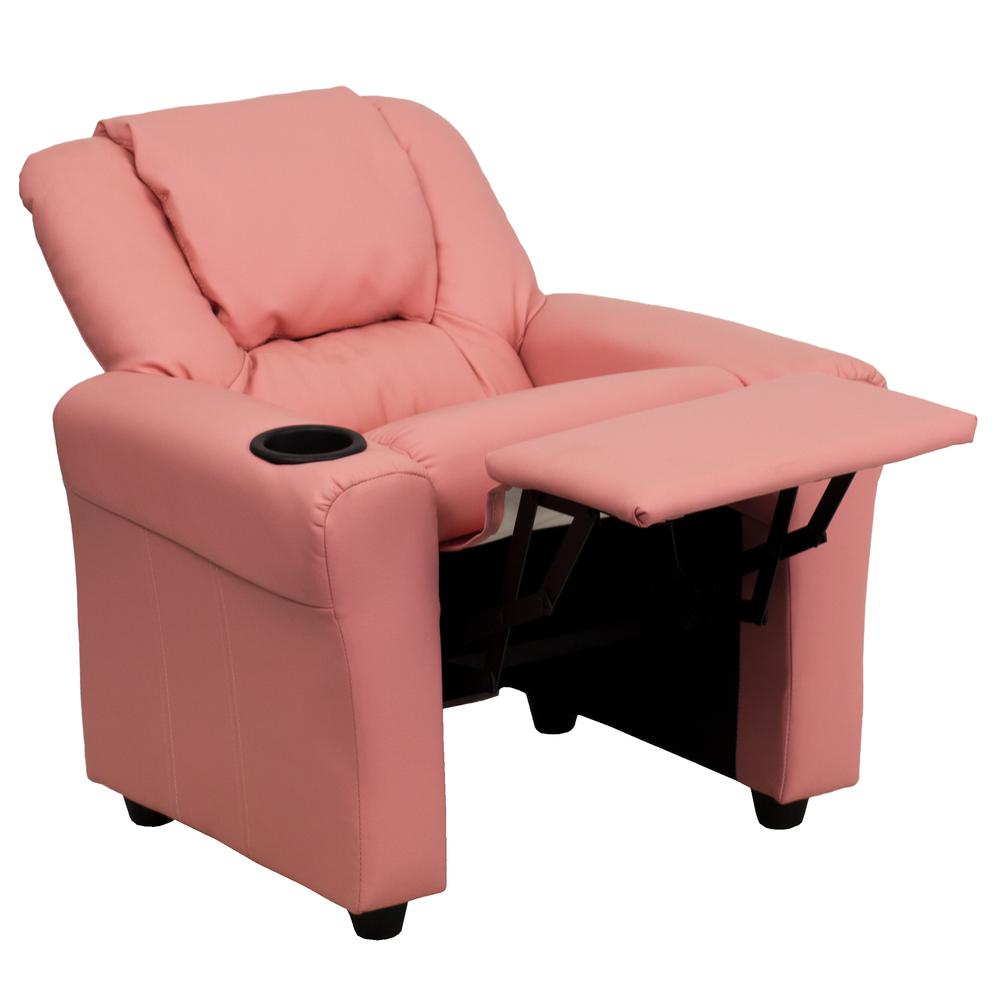 Contemporary Pink Vinyl Kids Recliner with Cup Holder and Headrest. Picture 6