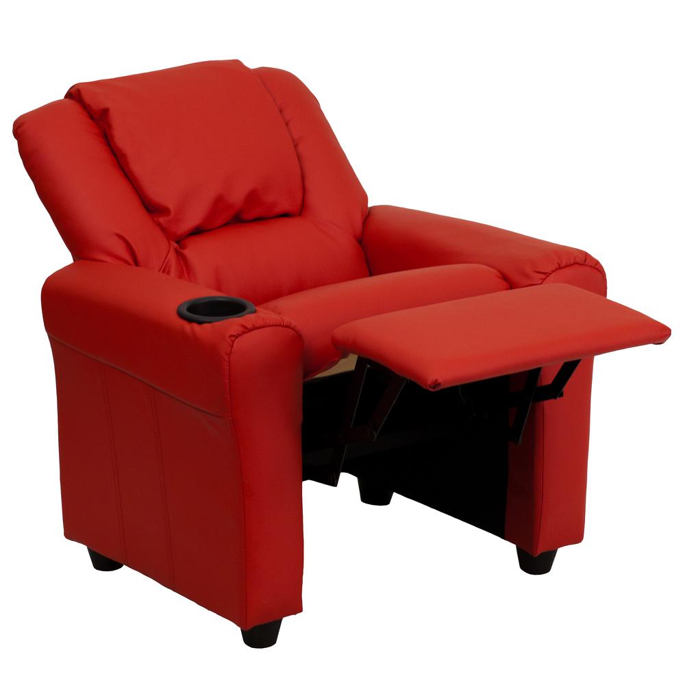 Contemporary Red Vinyl Kids Recliner with Cup Holder and Headrest. Picture 5