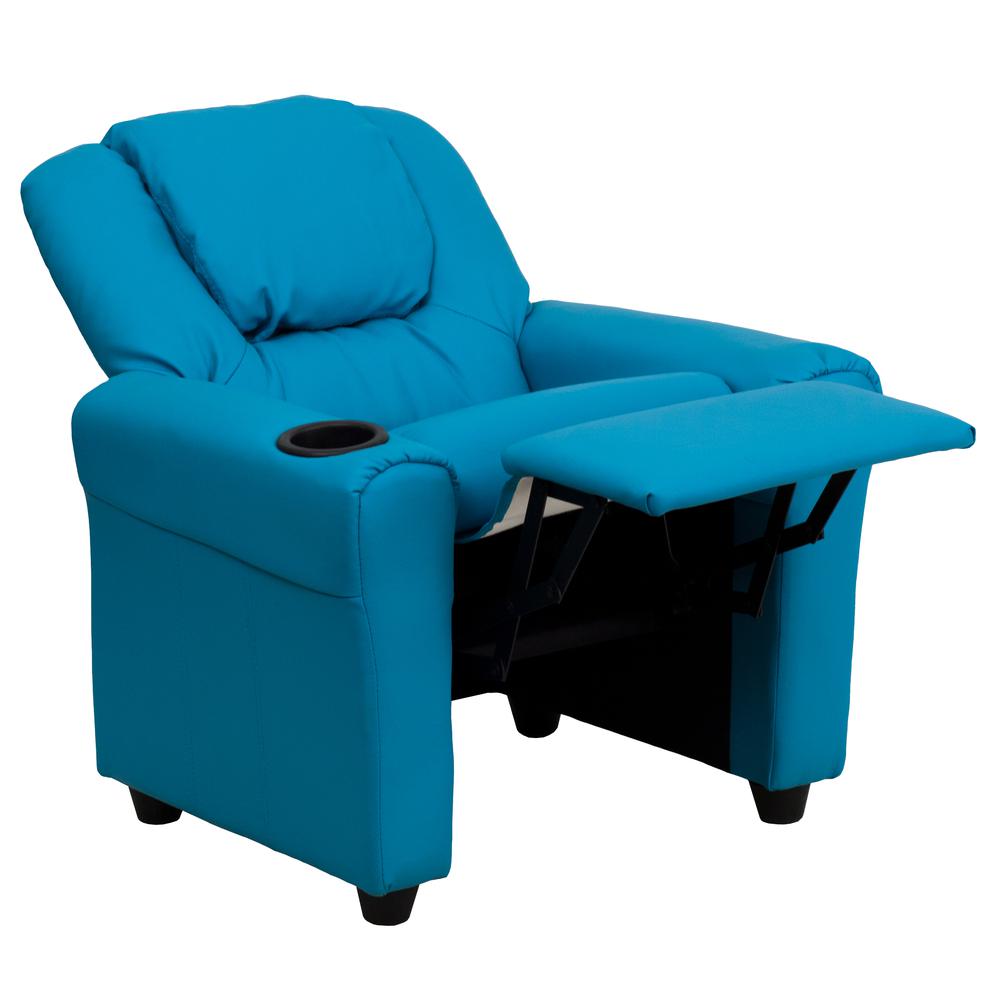 Contemporary Turquoise Vinyl Kids Recliner with Cup Holder and Headrest. Picture 5