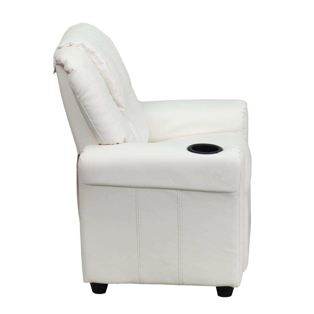 Contemporary White Vinyl Kids Recliner with Cup Holder and Headrest. Picture 3