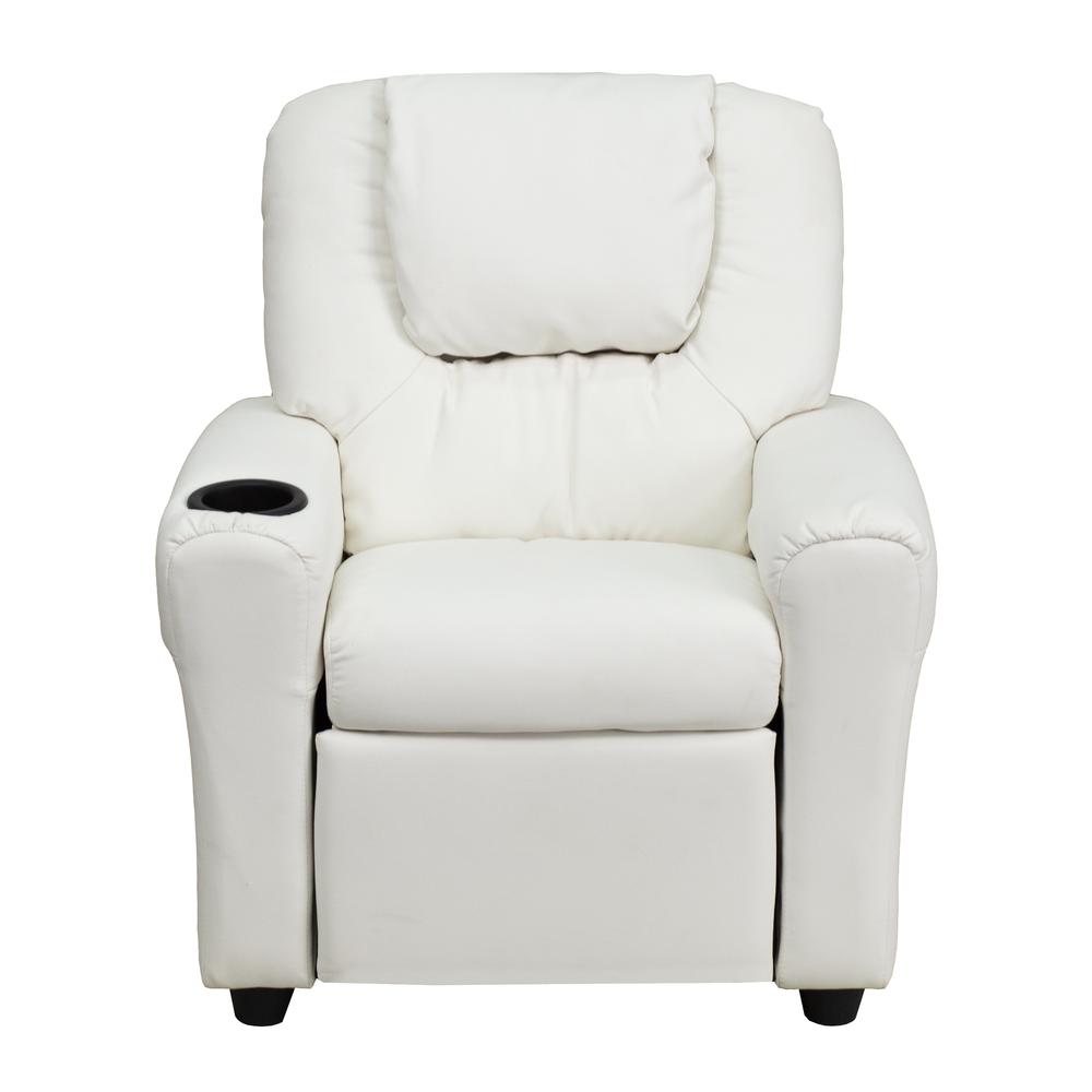 Contemporary White Vinyl Kids Recliner with Cup Holder and Headrest. Picture 5