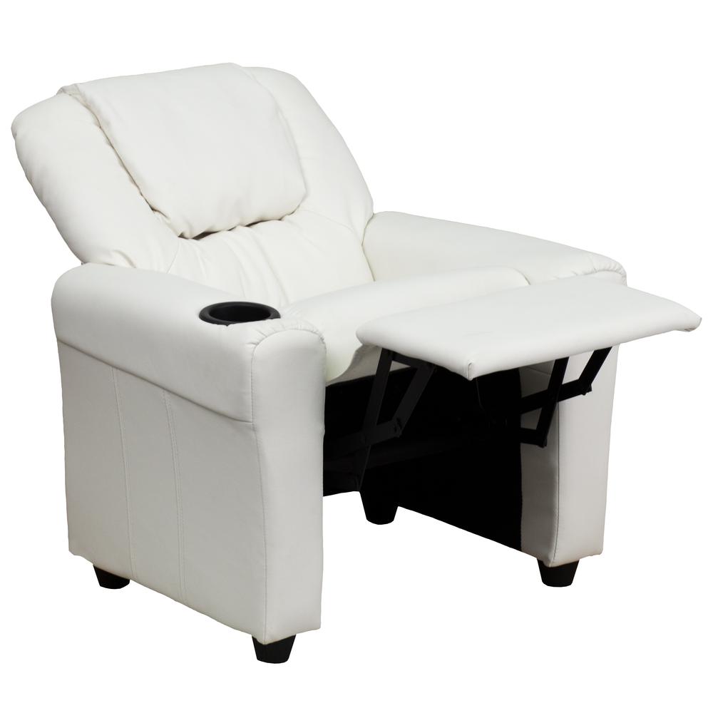 Contemporary White Vinyl Kids Recliner with Cup Holder and Headrest. Picture 6