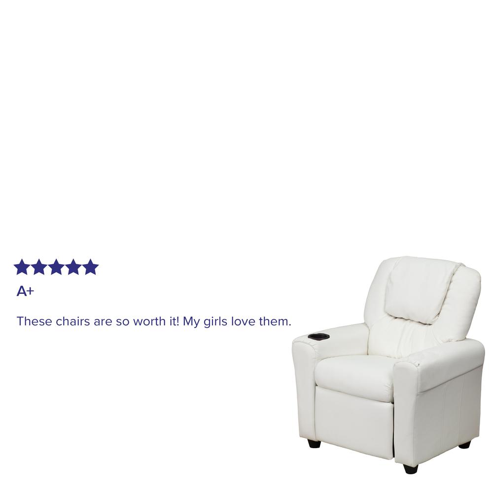 Contemporary White Vinyl Kids Recliner with Cup Holder and Headrest. Picture 7