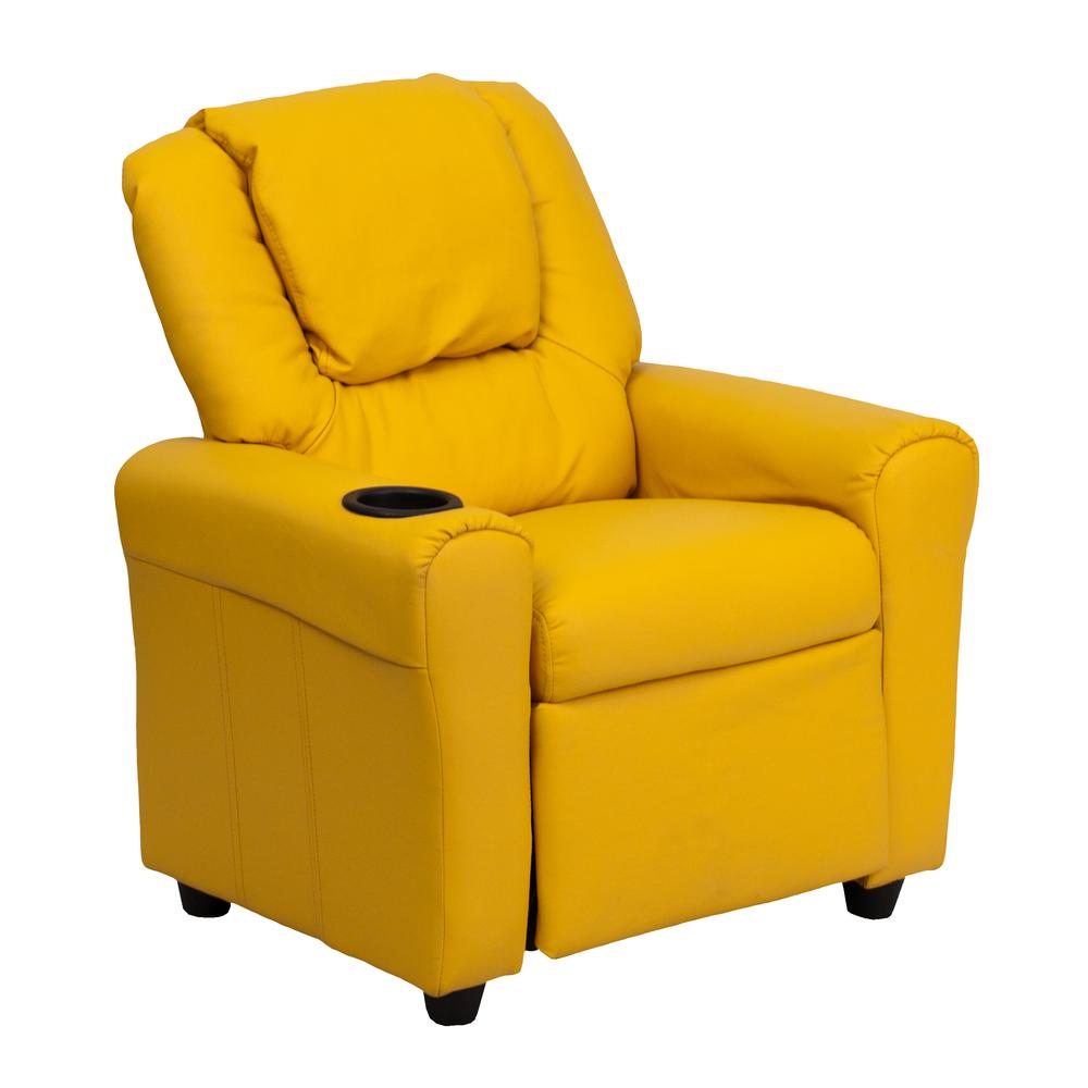 Contemporary Yellow Vinyl Kids Recliner with Cup Holder and Headrest. The main picture.