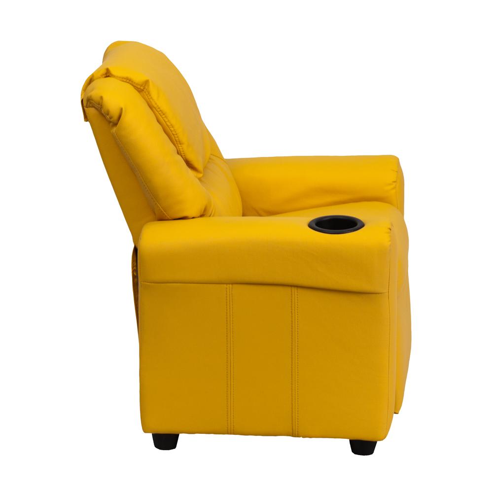 Contemporary Yellow Vinyl Kids Recliner with Cup Holder and Headrest. Picture 2