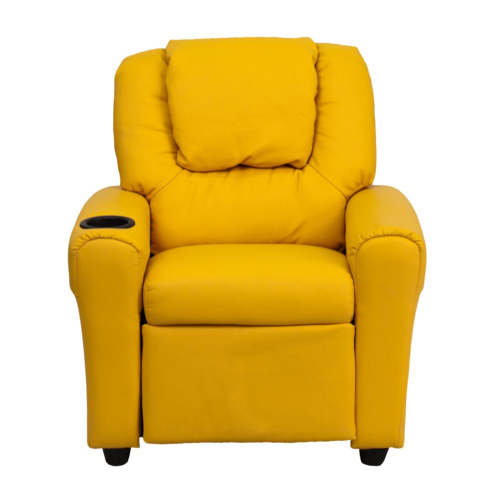 Contemporary Yellow Vinyl Kids Recliner with Cup Holder and Headrest. Picture 4