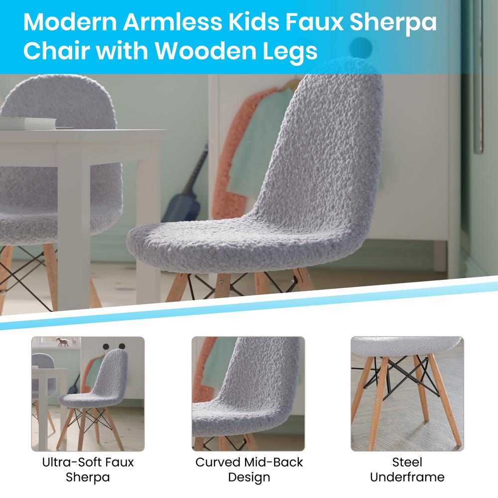 Zula Kid's Modern Padded Armless Faux Sherpa Accent Chairs with Beechwood Legs in Gray. Picture 4