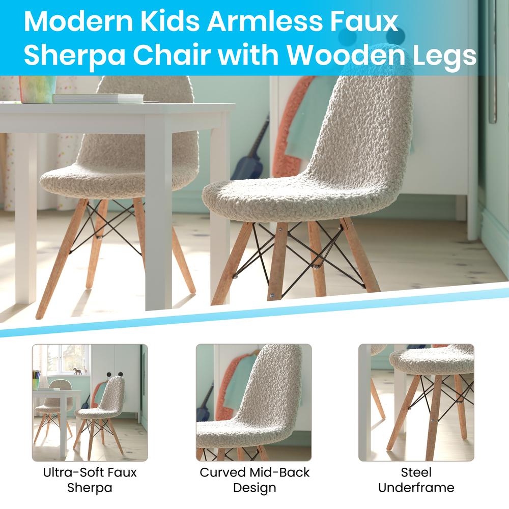 Zula Kid's Modern Padded Armless Faux Sherpa Accent Chairs with Beechwood Legs in Off-White. Picture 4