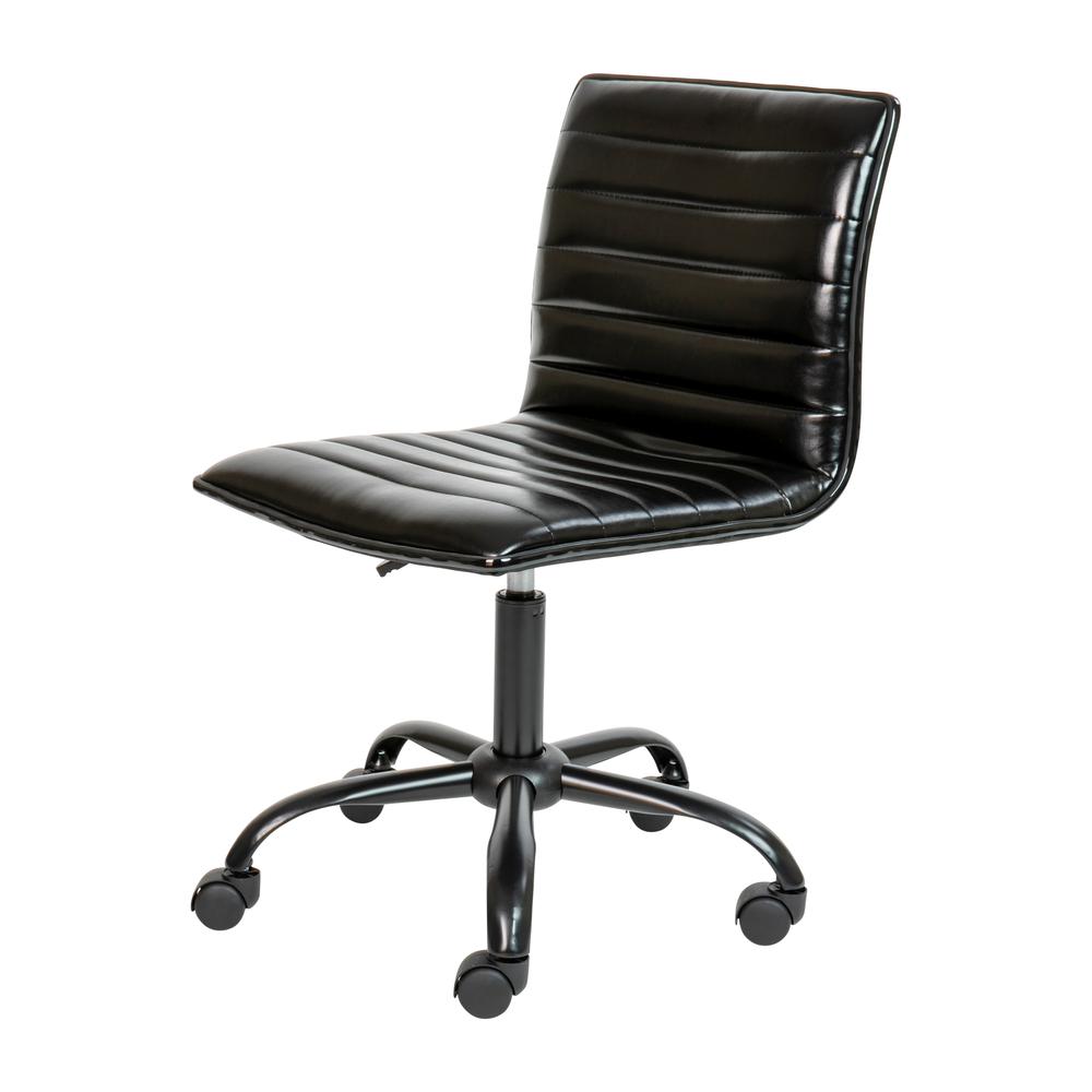 Low Back Designer Armless Black Ribbed Swivel Task Office Chair with Black Frame and Base. Picture 2