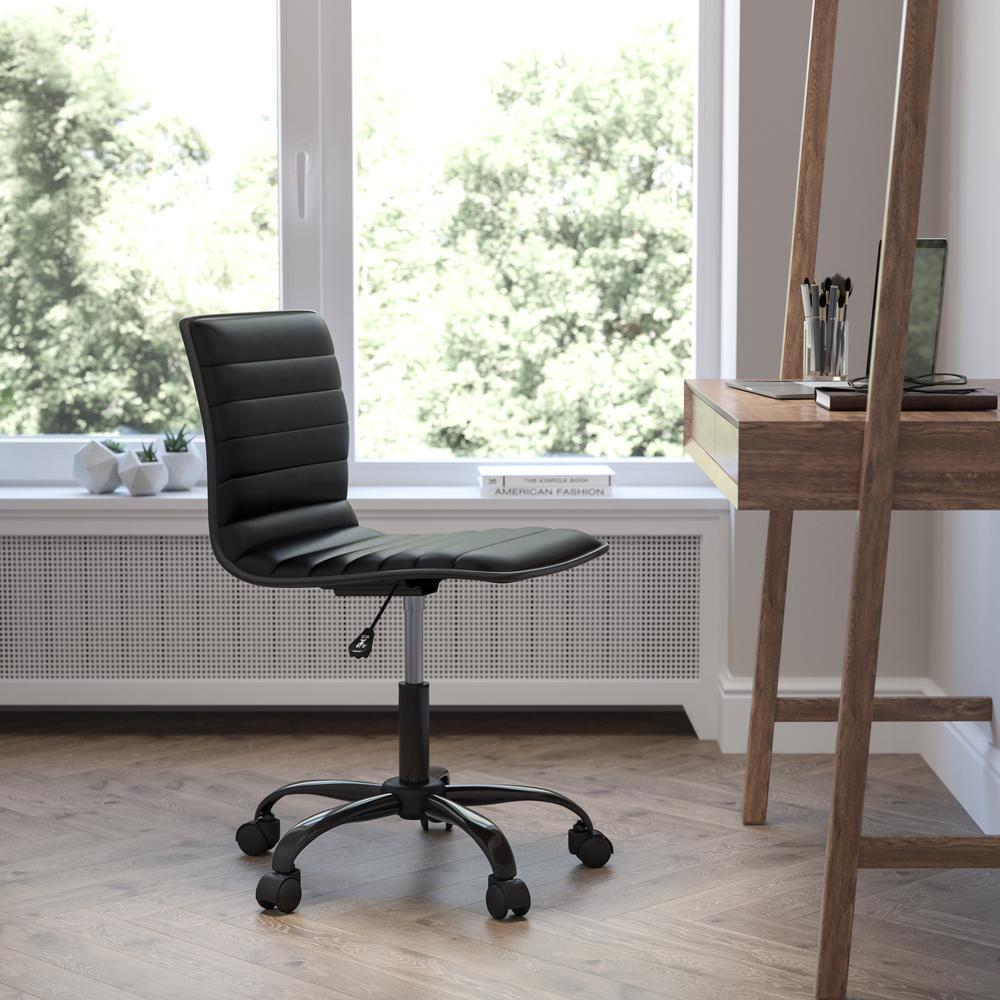 Low Back Designer Armless Black Ribbed Swivel Task Office Chair with Black Frame and Base. Picture 1