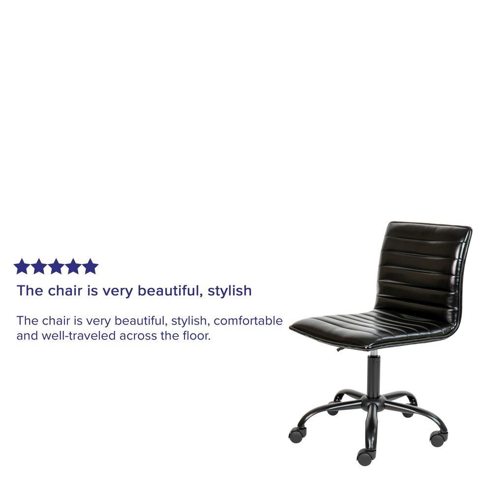 Low Back Designer Armless Black Ribbed Swivel Task Office Chair with Black Frame and Base. Picture 5