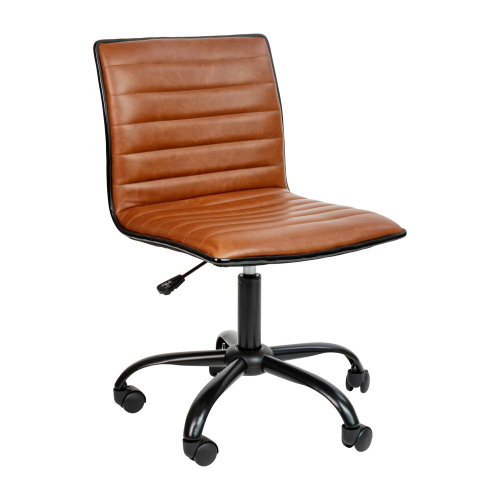 Low Back Armless Brown Ribbed Swivel Task Office Chair with Black Frame and Base. Picture 2