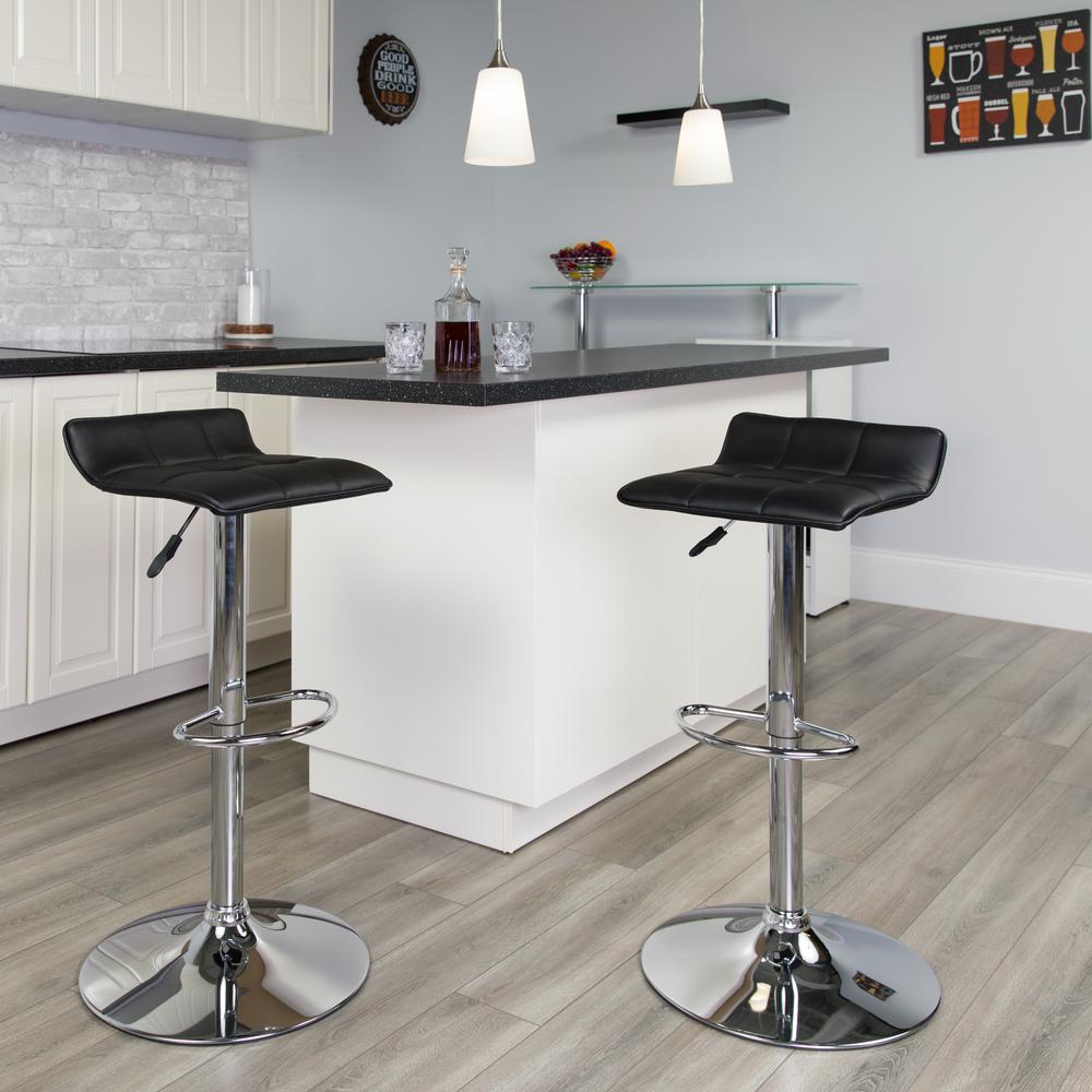 Contemporary Black Vinyl Adjustable Height Barstool with Quilted Wave Seat and Chrome Base. Picture 6
