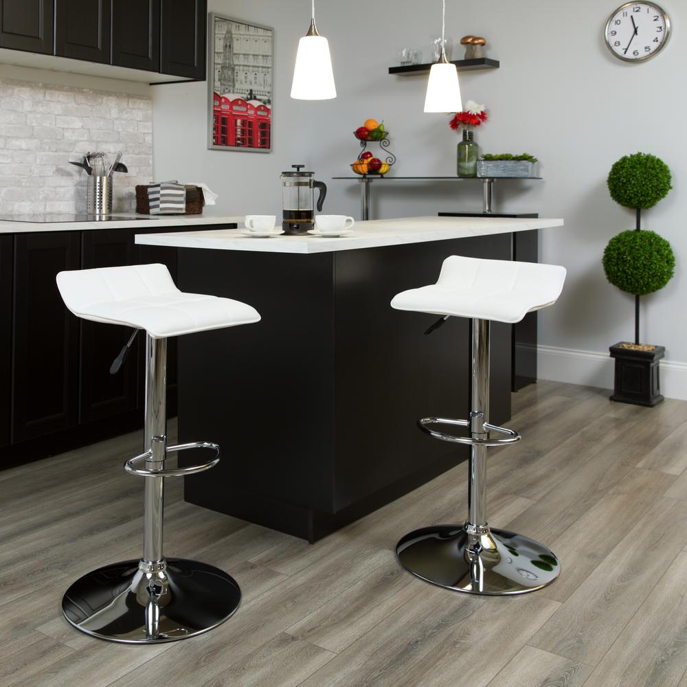 Contemporary White Vinyl Adjustable Height Barstool with Quilted Wave Seat and Chrome Base. Picture 6