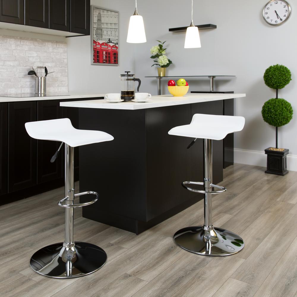 Contemporary White Vinyl Adjustable Height Barstool with Solid Wave Seat and Chrome Base. Picture 6