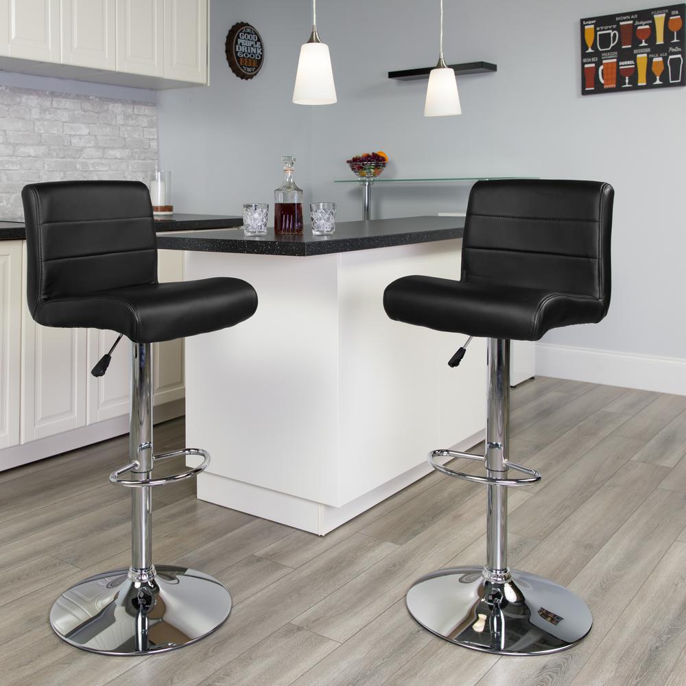 Contemporary Black Vinyl Adjustable Height Barstool with Rolled Seat and Chrome Base. Picture 5