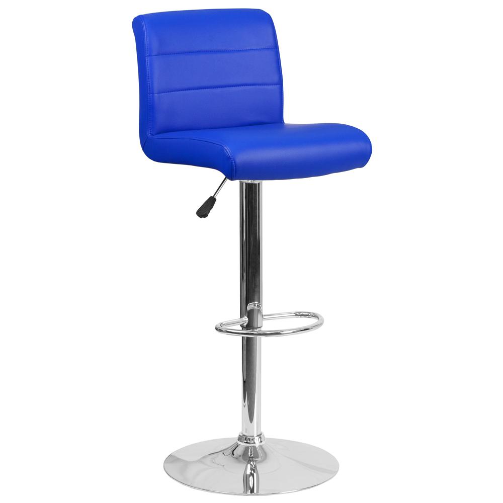 Contemporary Blue Vinyl Adjustable Height Barstool with Rolled Seat and Chrome Base. Picture 1