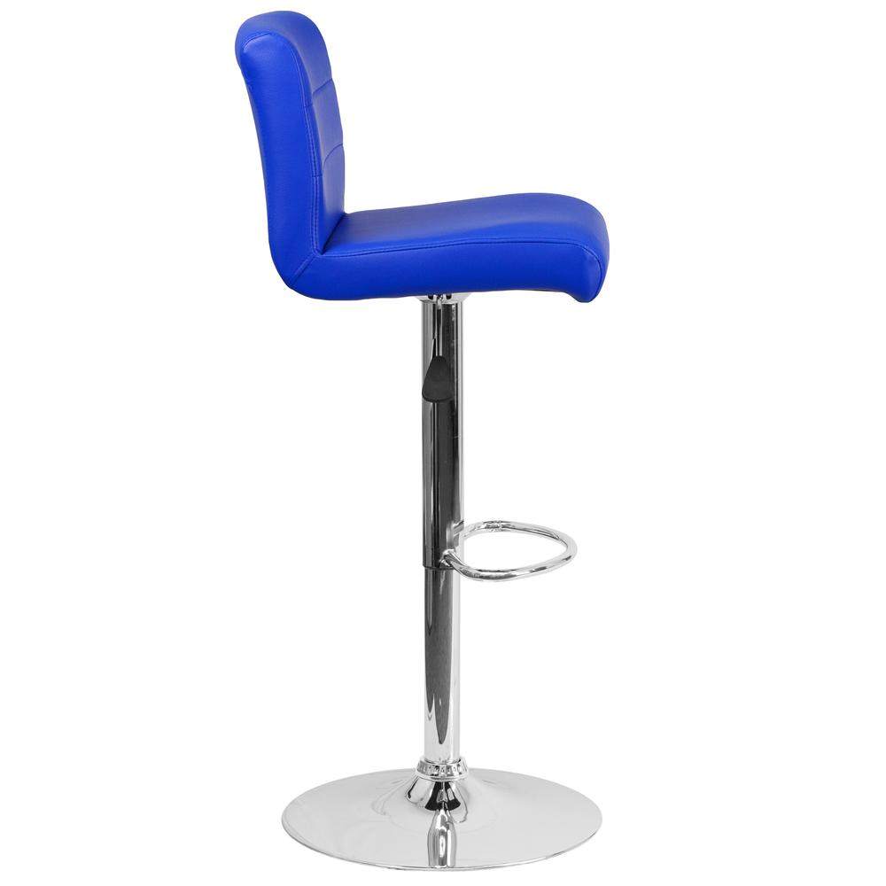 Contemporary Blue Vinyl Adjustable Height Barstool with Rolled Seat and Chrome Base. Picture 2