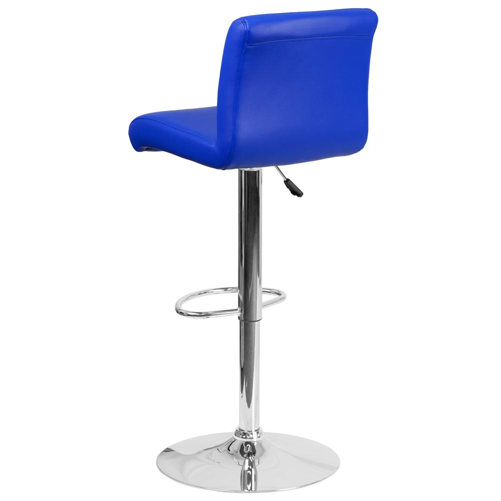 Contemporary Blue Vinyl Adjustable Height Barstool with Rolled Seat and Chrome Base. Picture 3