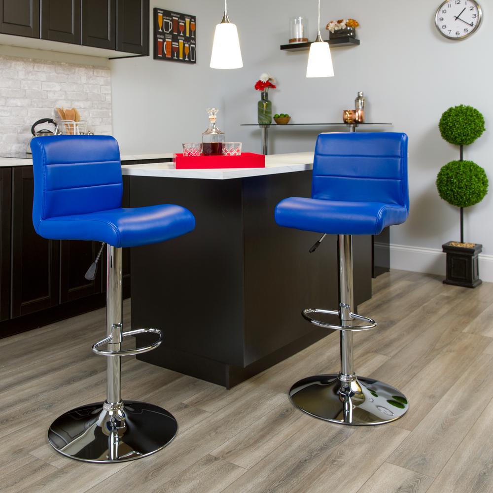Contemporary Blue Vinyl Adjustable Height Barstool with Rolled Seat and Chrome Base. Picture 5