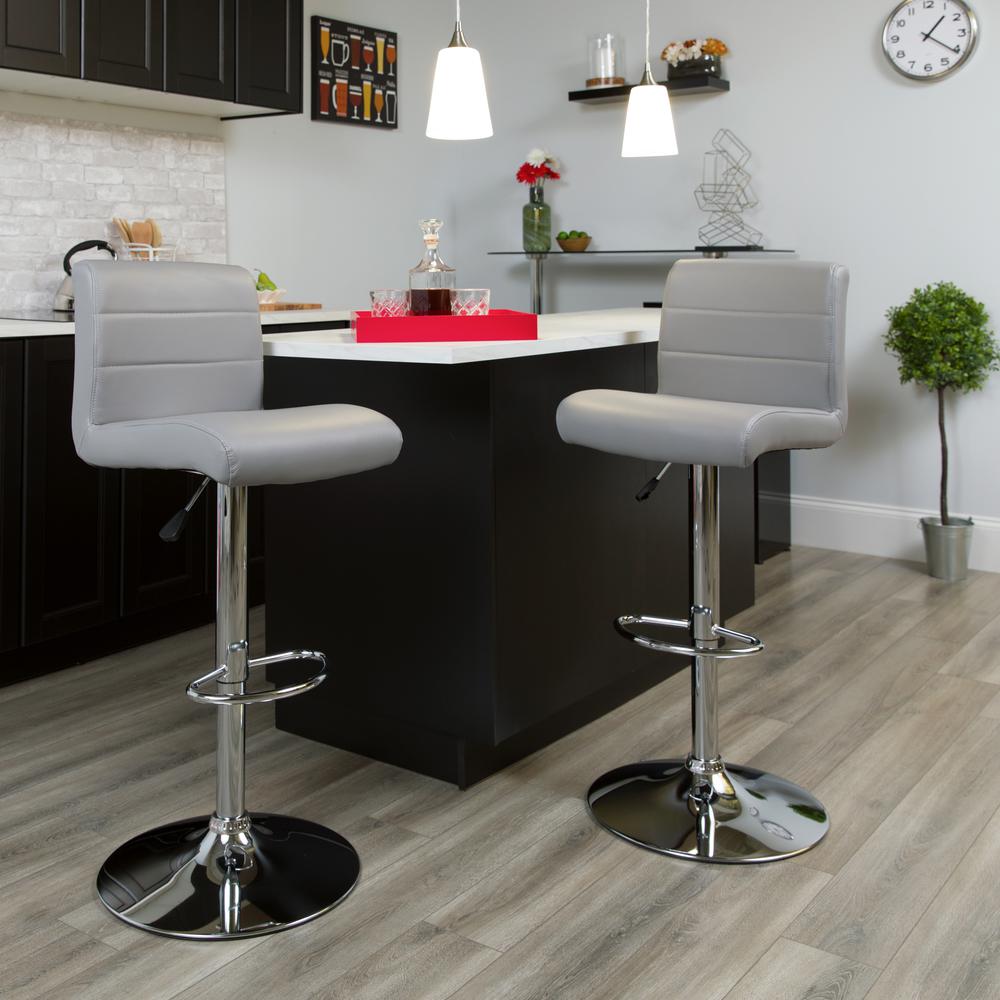 Contemporary Gray Vinyl Adjustable Height Barstool with Rolled Seat and Chrome Base. Picture 6