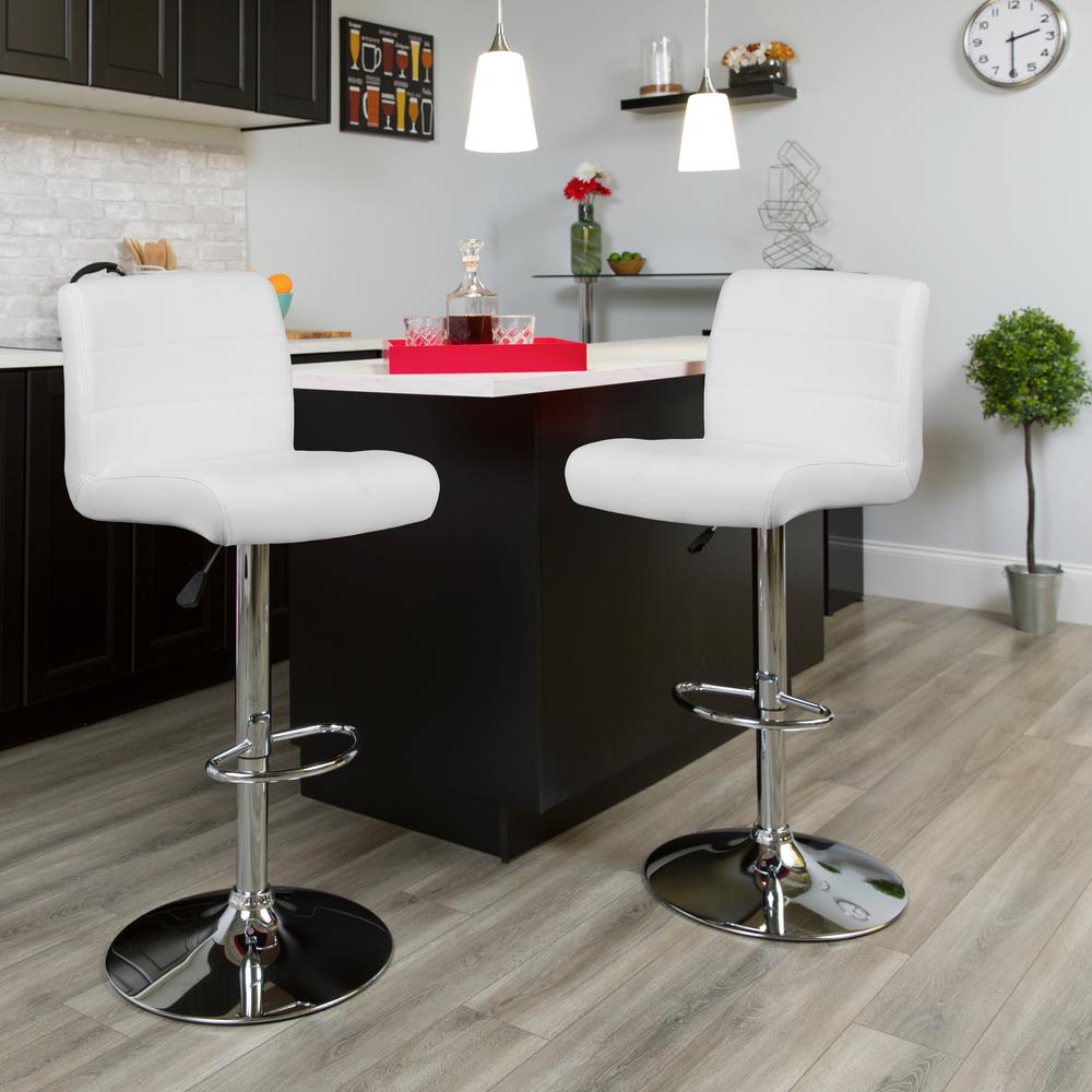 Contemporary White Vinyl Adjustable Height Barstool with Rolled Seat and Chrome Base. Picture 6