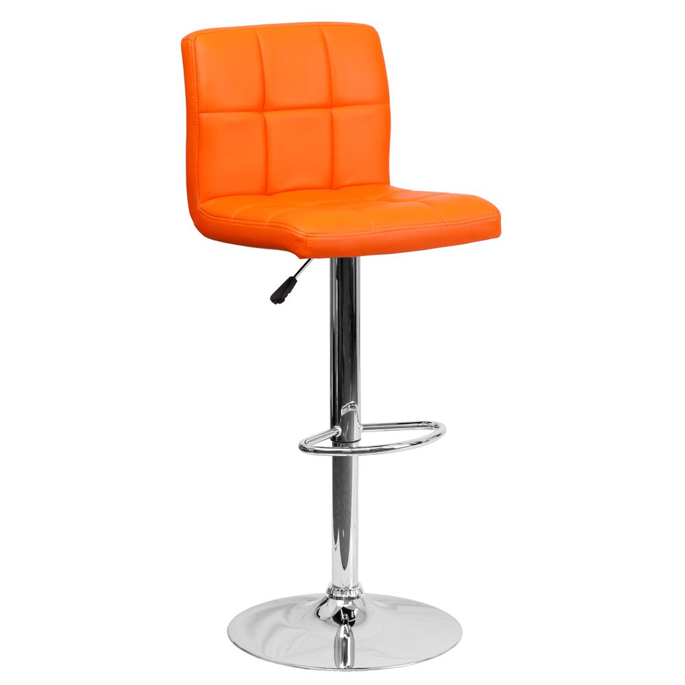 Contemporary Orange Quilted Vinyl Adjustable Height Barstool with Chrome Base. Picture 1