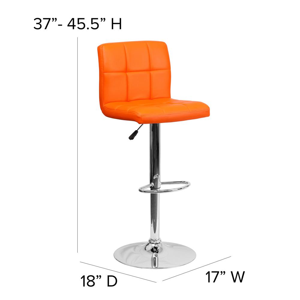 Contemporary Orange Quilted Vinyl Adjustable Height Barstool with Chrome Base. Picture 2