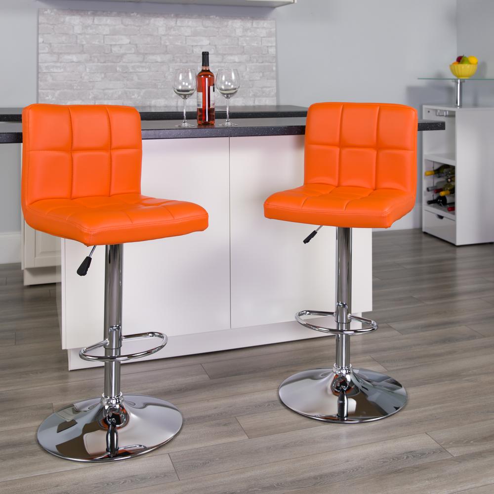 Contemporary Orange Quilted Vinyl Adjustable Height Barstool with Chrome Base. Picture 6