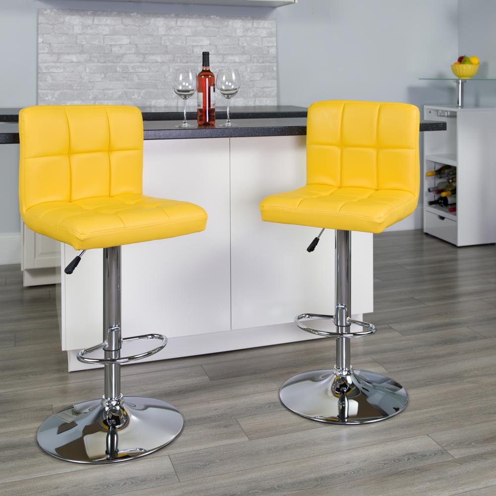 Contemporary Yellow Quilted Vinyl Adjustable Height Barstool with Chrome Base. Picture 6