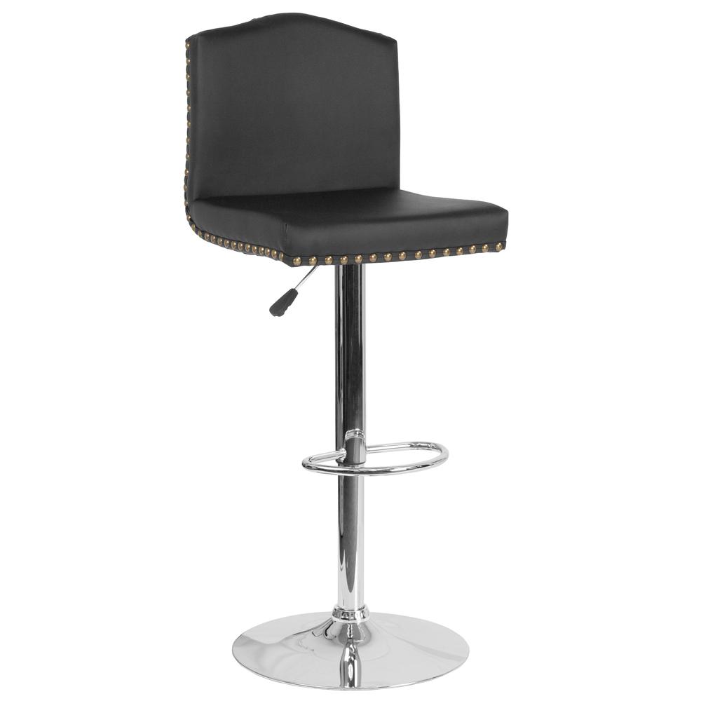 Contemporary Adjustable Height Crown Back Barstool with Accent Nail Trim in Black LeatherSoft. The main picture.