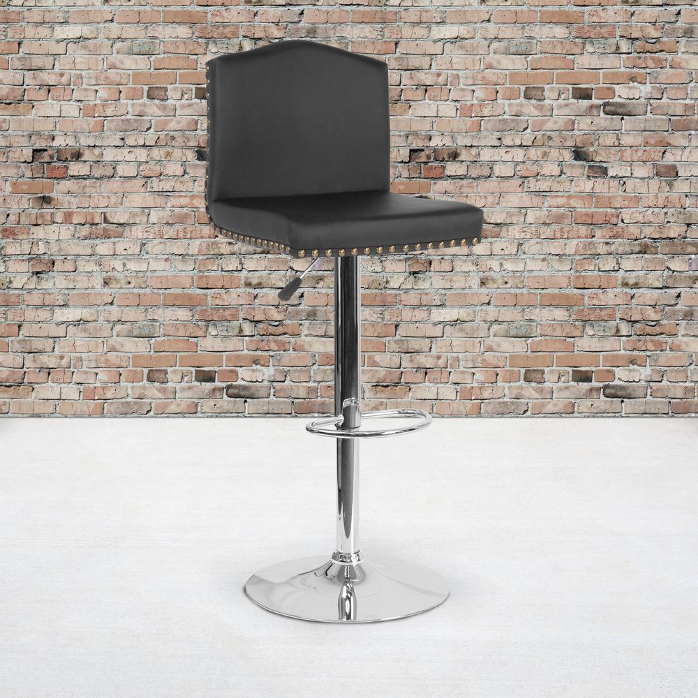 Contemporary Adjustable Height Crown Back Barstool with Accent Nail Trim in Black LeatherSoft. Picture 5