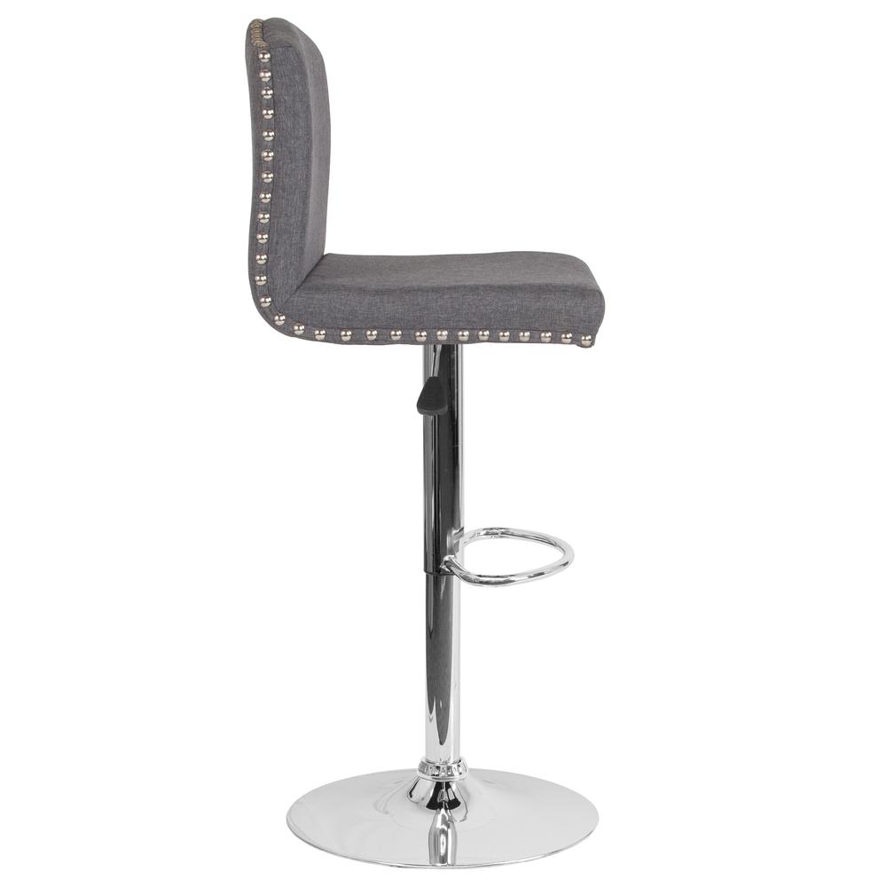 Contemporary Adjustable Height Crown Back Barstool with Accent Nail Trim in Dark Gray Fabric. Picture 2