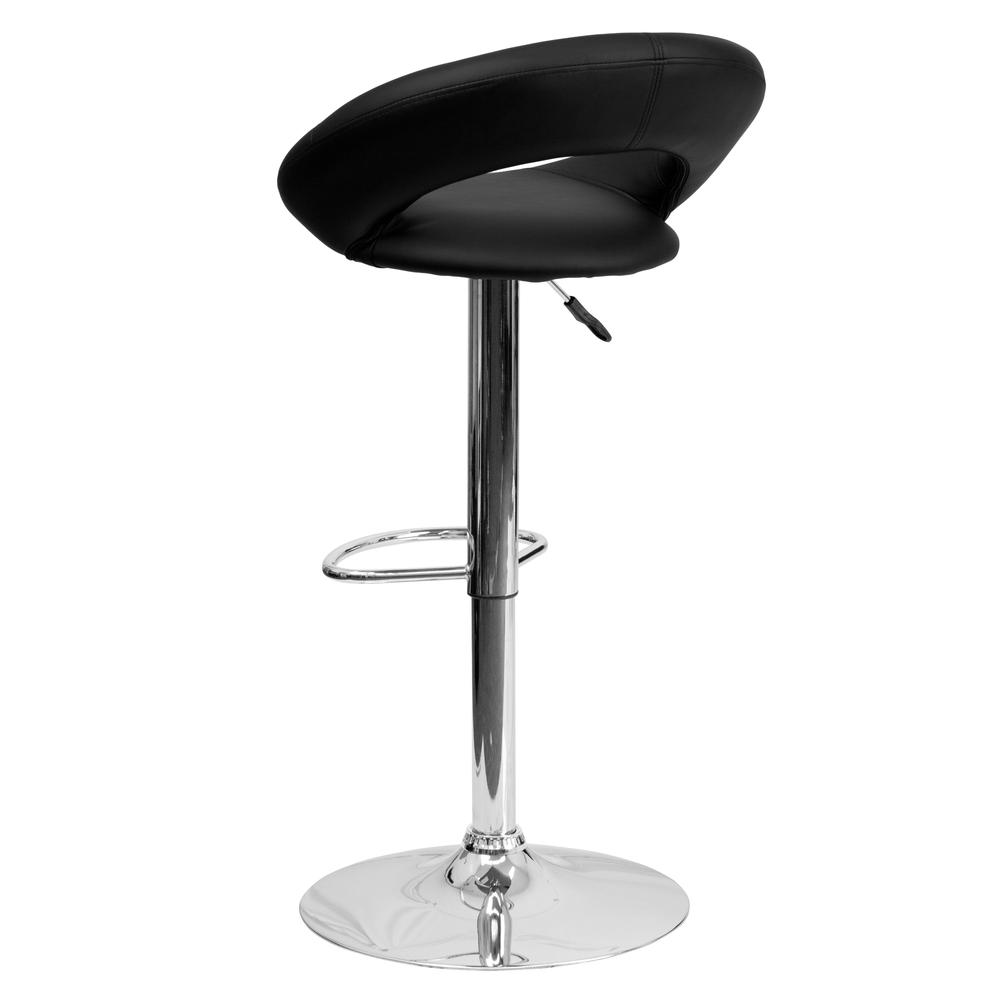 Contemporary Black Vinyl Rounded Orbit-Style Back Adjustable Height Barstool with Chrome Base. Picture 3