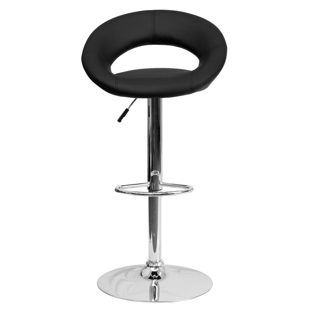 Contemporary Black Vinyl Rounded Orbit-Style Back Adjustable Height Barstool with Chrome Base. Picture 4