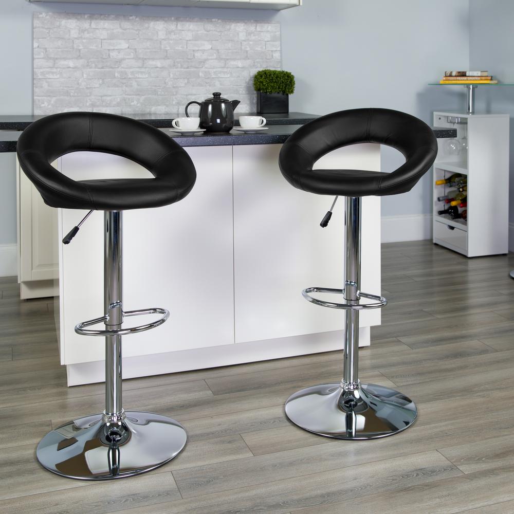Contemporary Black Vinyl Rounded Orbit-Style Back Adjustable Height Barstool with Chrome Base. Picture 5