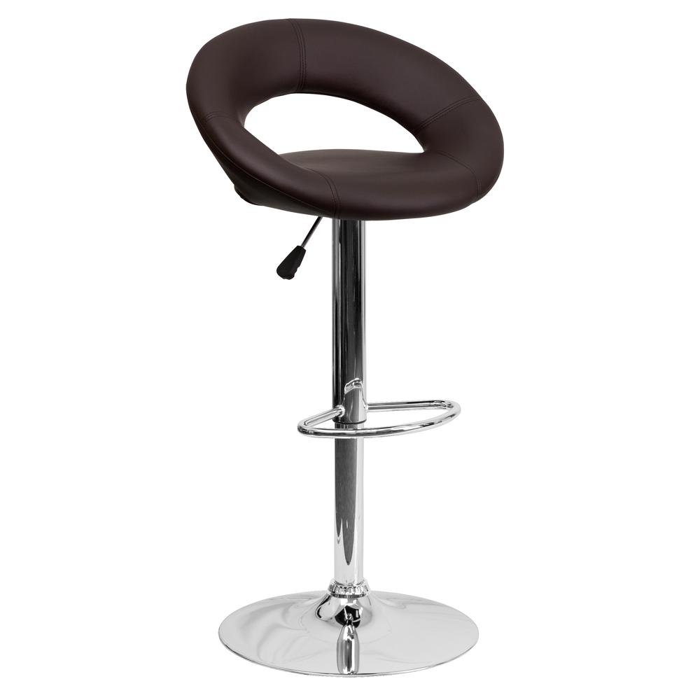 Contemporary Brown Vinyl Rounded Orbit-Style Back Adjustable Height Barstool with Chrome Base. The main picture.