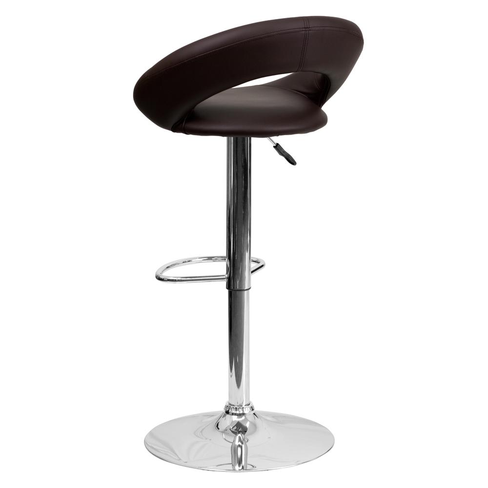 Contemporary Brown Vinyl Rounded Orbit-Style Back Adjustable Height Barstool with Chrome Base. Picture 3