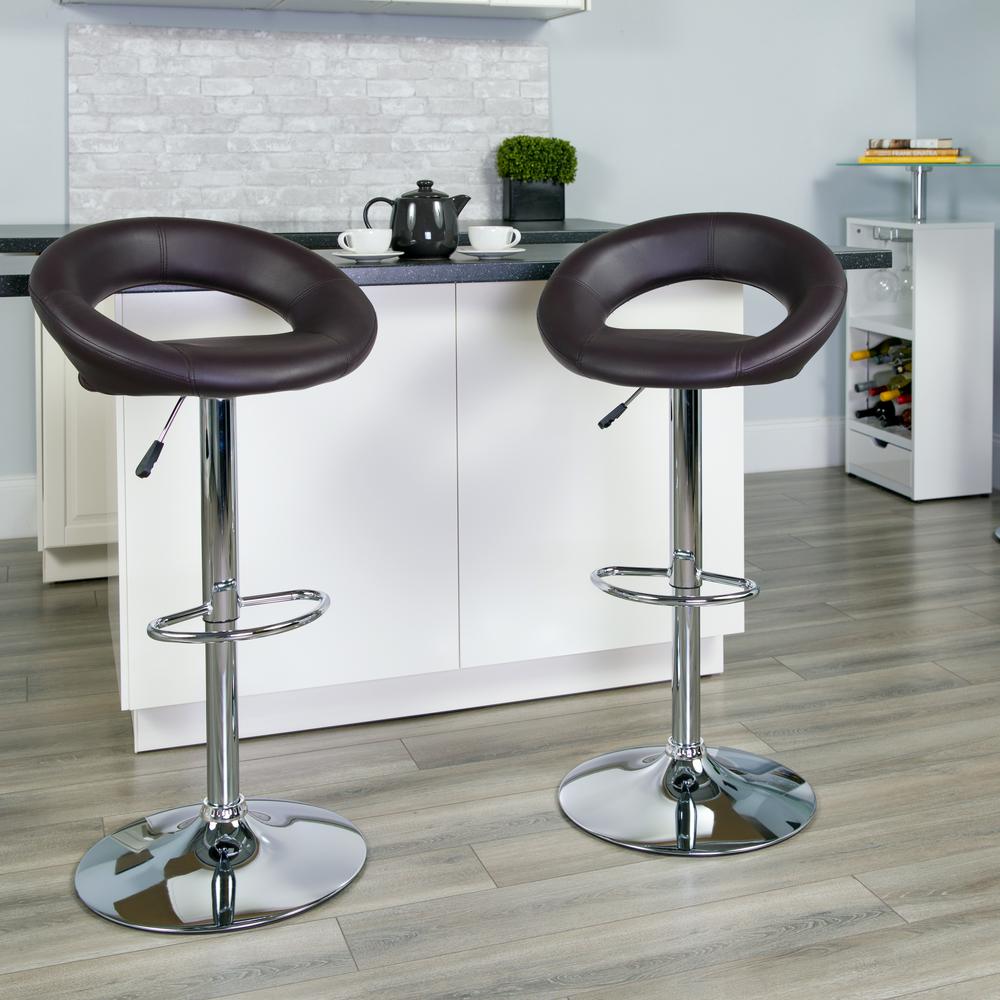 Contemporary Brown Vinyl Rounded Orbit-Style Back Adjustable Height Barstool with Chrome Base. Picture 5
