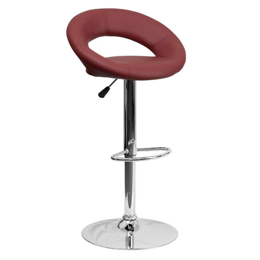 Contemporary Burgundy Vinyl Rounded Orbit-Style Back Adjustable Height Barstool with Chrome Base. The main picture.