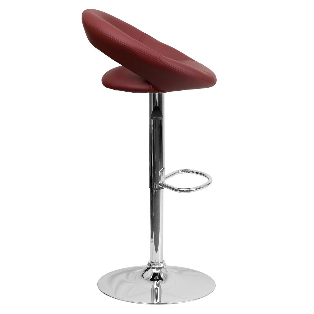 Contemporary Burgundy Vinyl Rounded Orbit-Style Back Adjustable Height Barstool with Chrome Base. Picture 2